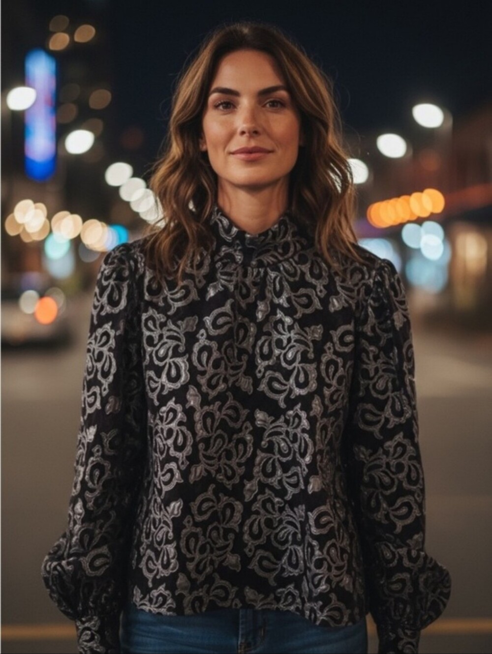 Calligraphie Women's Black Velvet High-Neck Blouse with Gray Floral Detailing_L